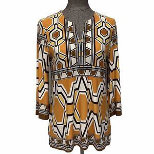 Chicos Sz 0 Brown Yellow Geometric Print V Neck Tunic S Small US Size 4